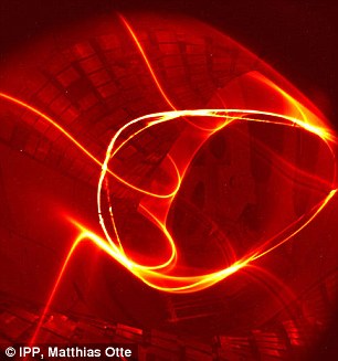 “文德爾施泰因 7-X”裝置內(nèi)并聯(lián)環(huán)路的電子束，顯示出沿著磁場線的軌跡。